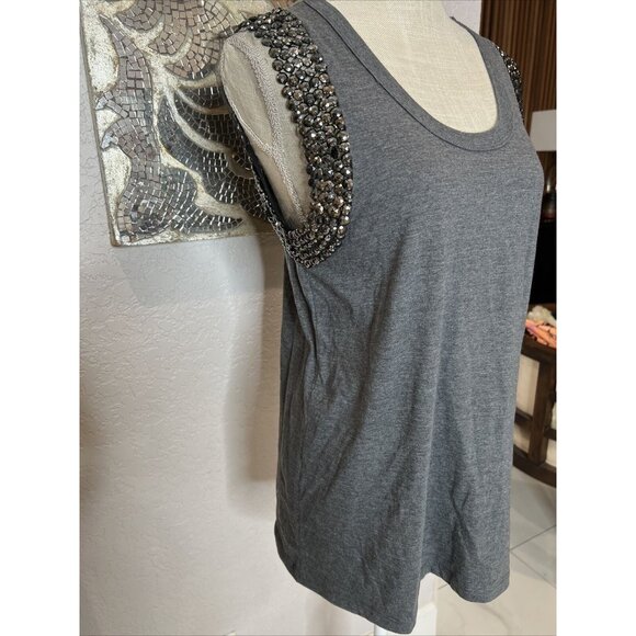 Naima Gray Sleeveless Tank Top Rhinestone Embellished Shoulders Size M - Picture 4 of 9